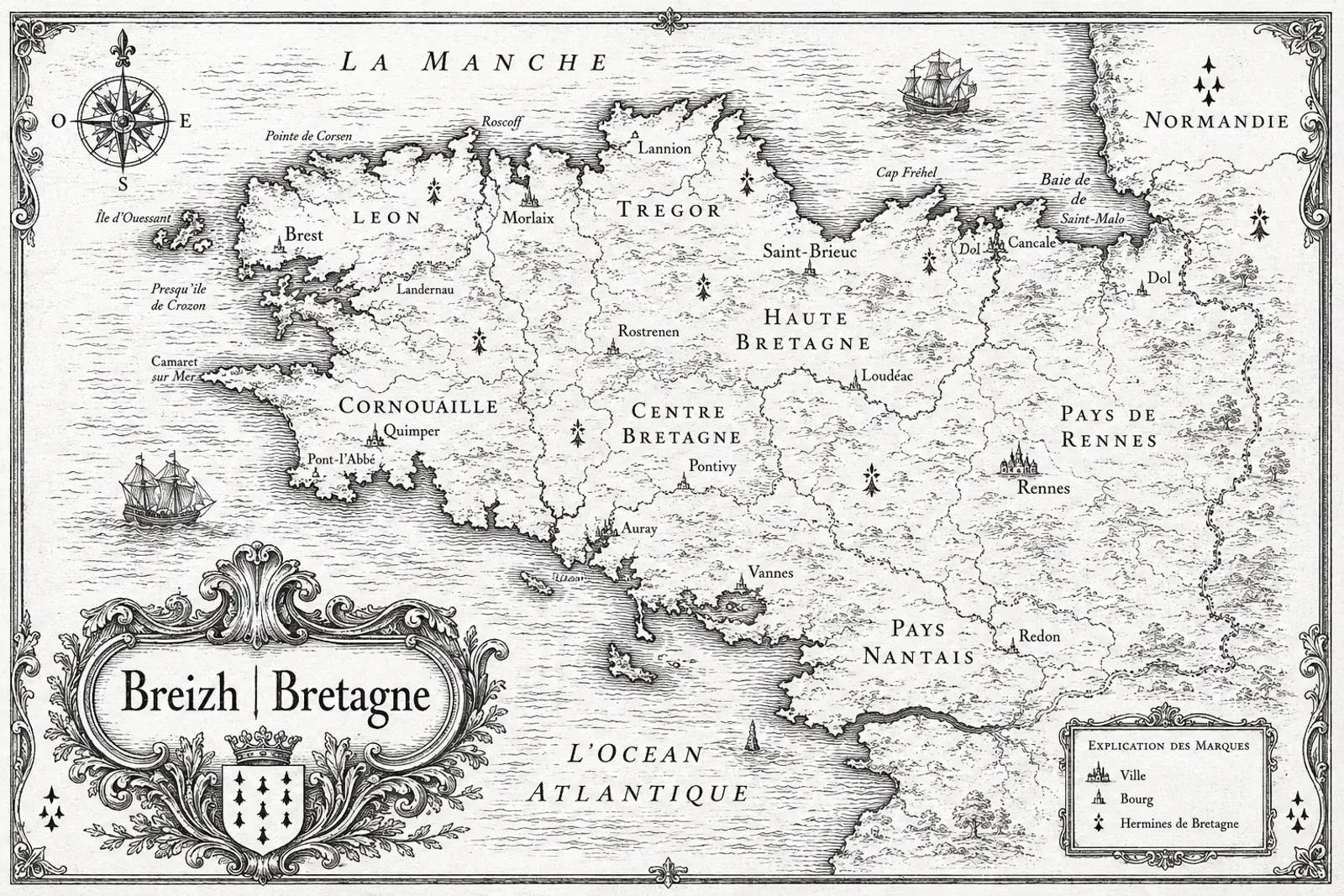 Carte ancienne de la Bretagne, région d'origine du Basset fauve de Bretagne